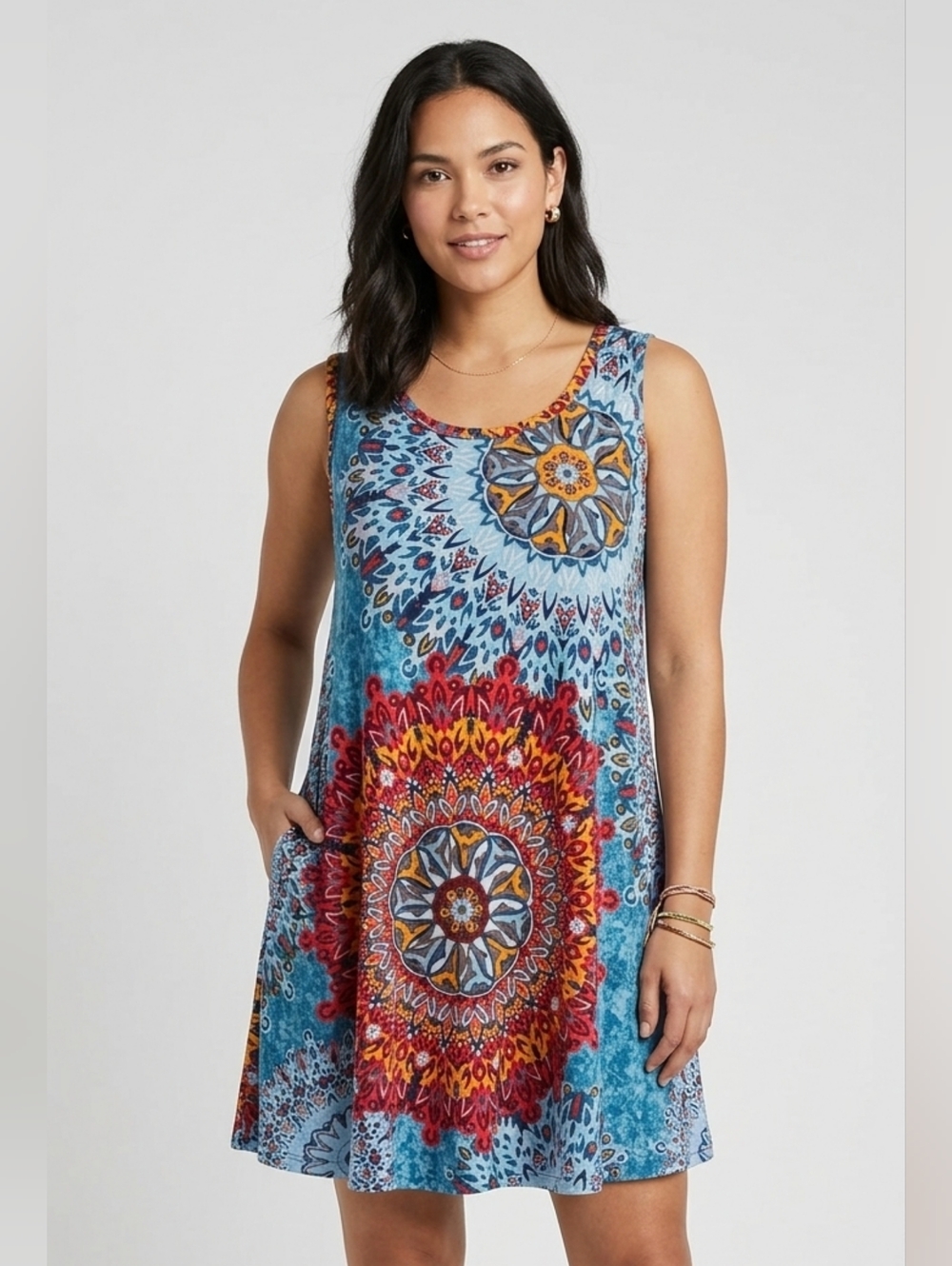 Prinstory Sleeveless Boho Beach Dress With Pockets, Mandala Swing Dress, L